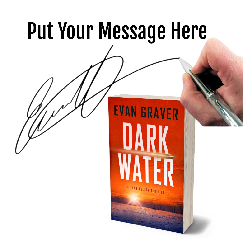 Book titled 'Dark Water' by Evan Graver with a hand holding a pen and signature on a white background.