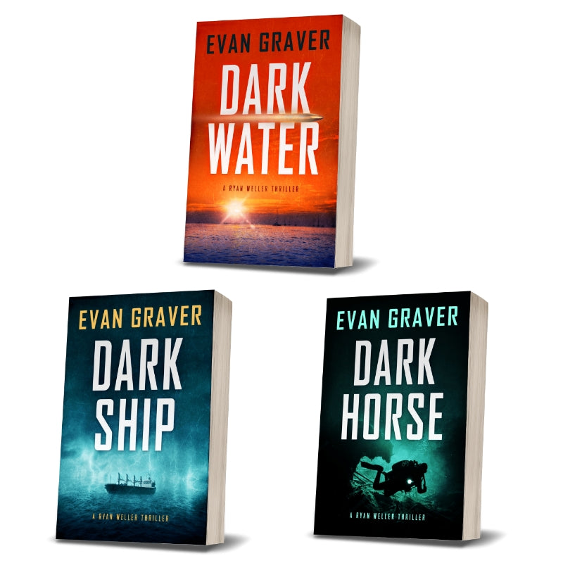 Three book covers of 'Dark Water', 'Dark Ship', and 'Dark Horse' by Evan Graver on a white background.