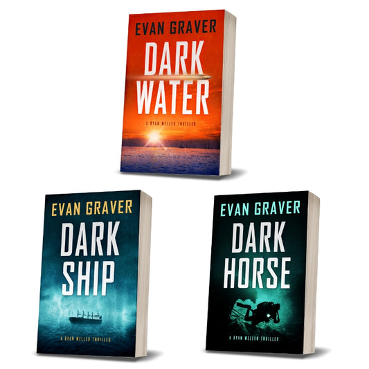 Three book covers of 'Dark Water', 'Dark Ship', and 'Dark Horse' by Evan Graver on a white background.