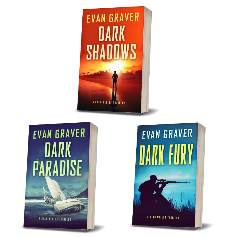 Three book covers of 'Dark Shadows', 'Dark Paradise', and 'Dark Fury' by Evan Graver on a white background.