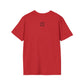 Red t-shirt with a small black QR code logo on the back against a white background