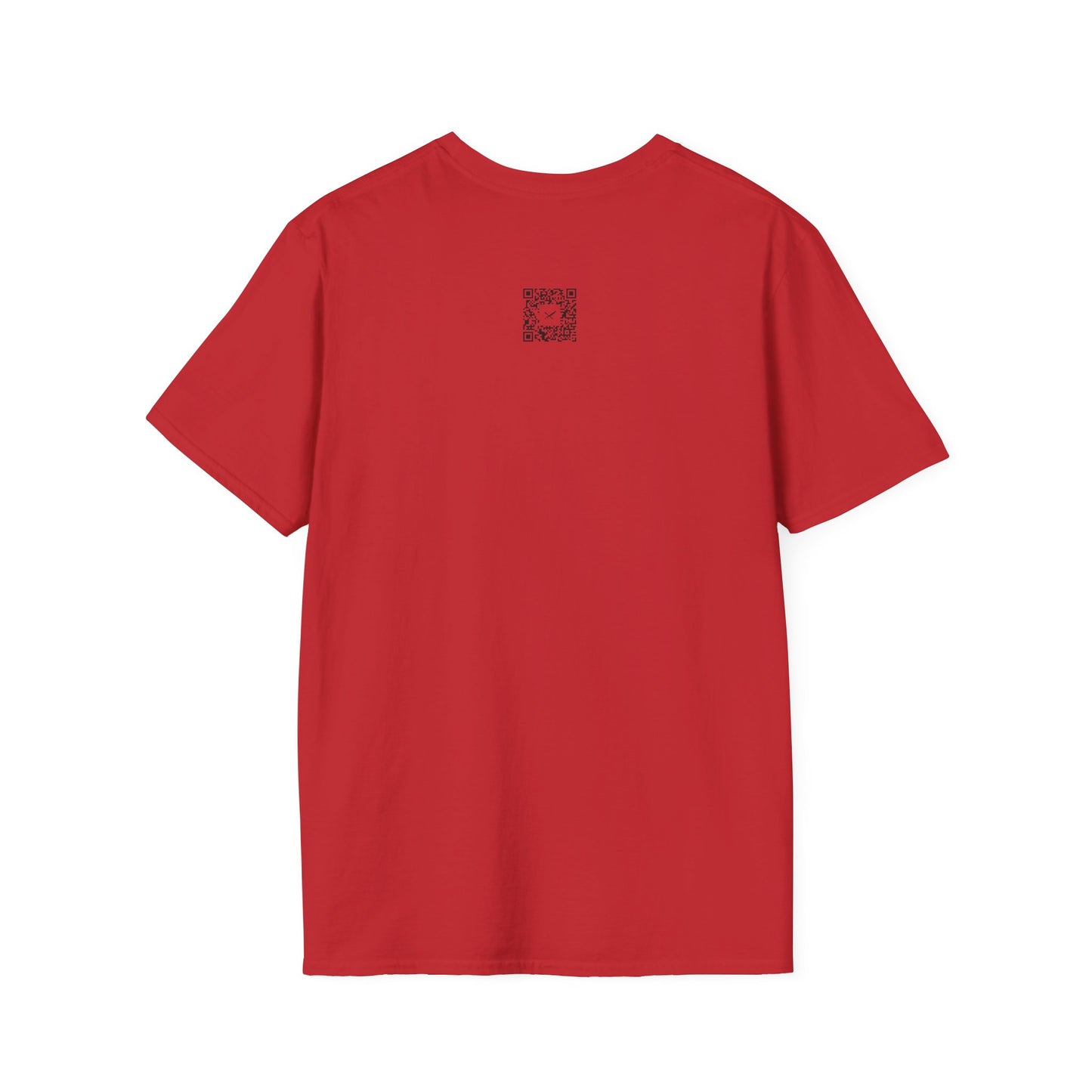 Red t-shirt with a small black QR code logo on the back against a white background