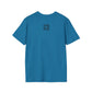 Blue t-shirt with a small logo on the back against a white background