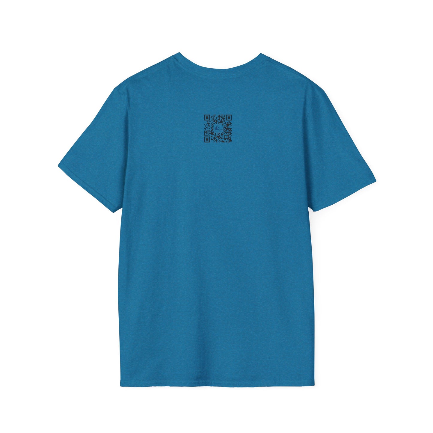 Blue t-shirt with a small logo on the back against a white background