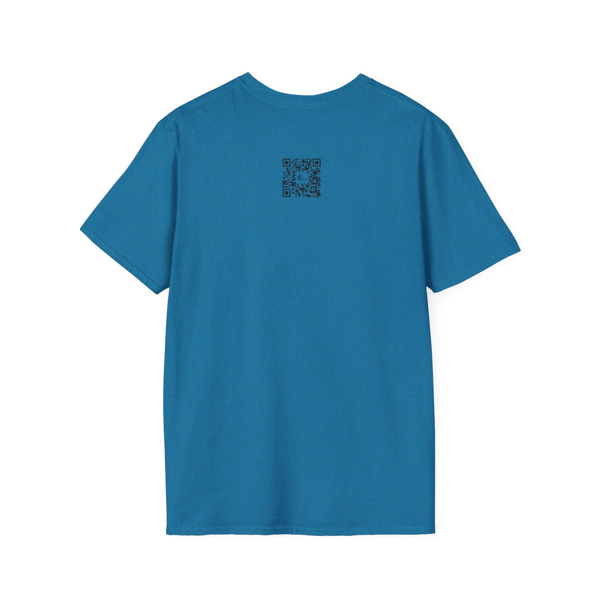Blue t-shirt with a small logo on the back against a white background