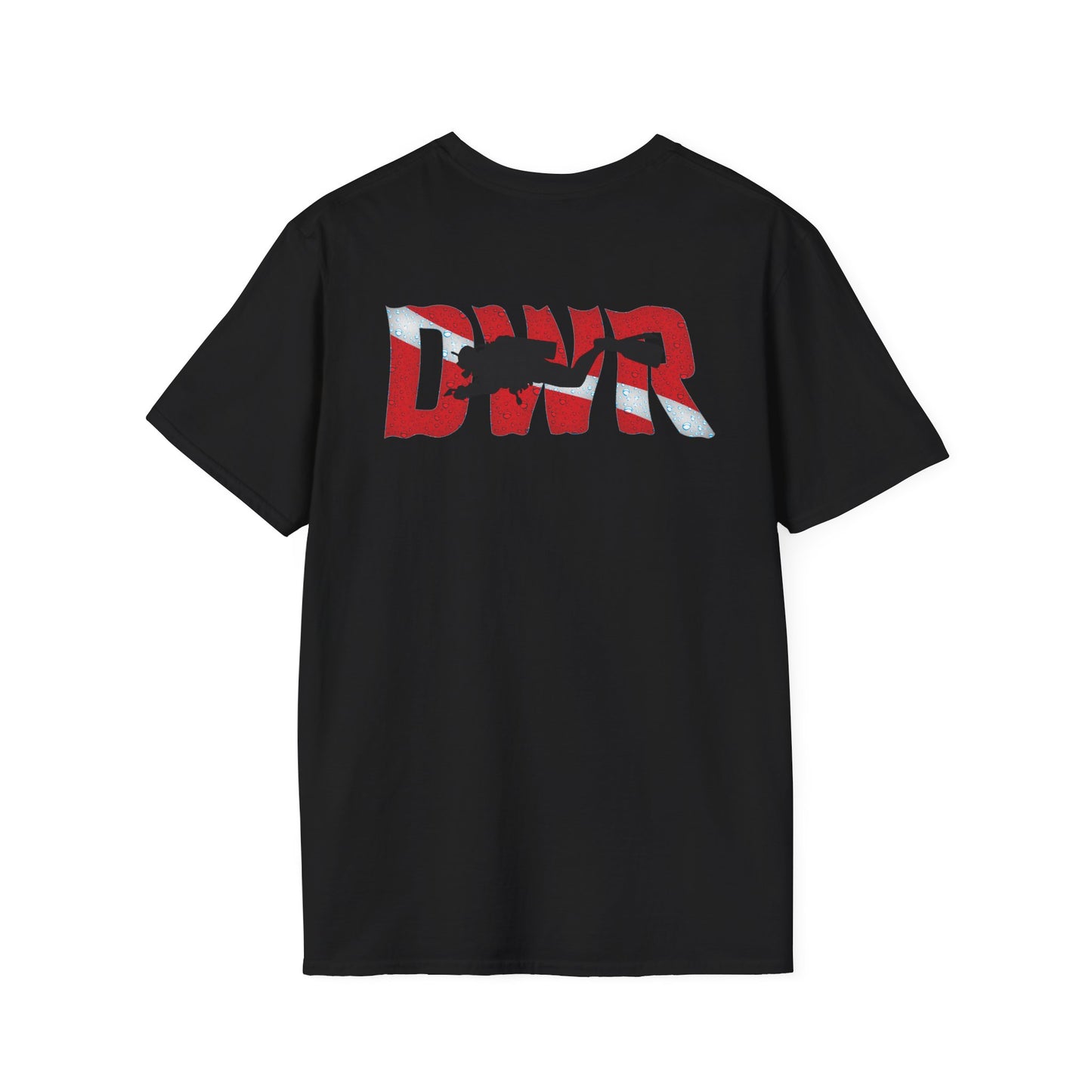 Black t-shirt with red and white logo on a white background