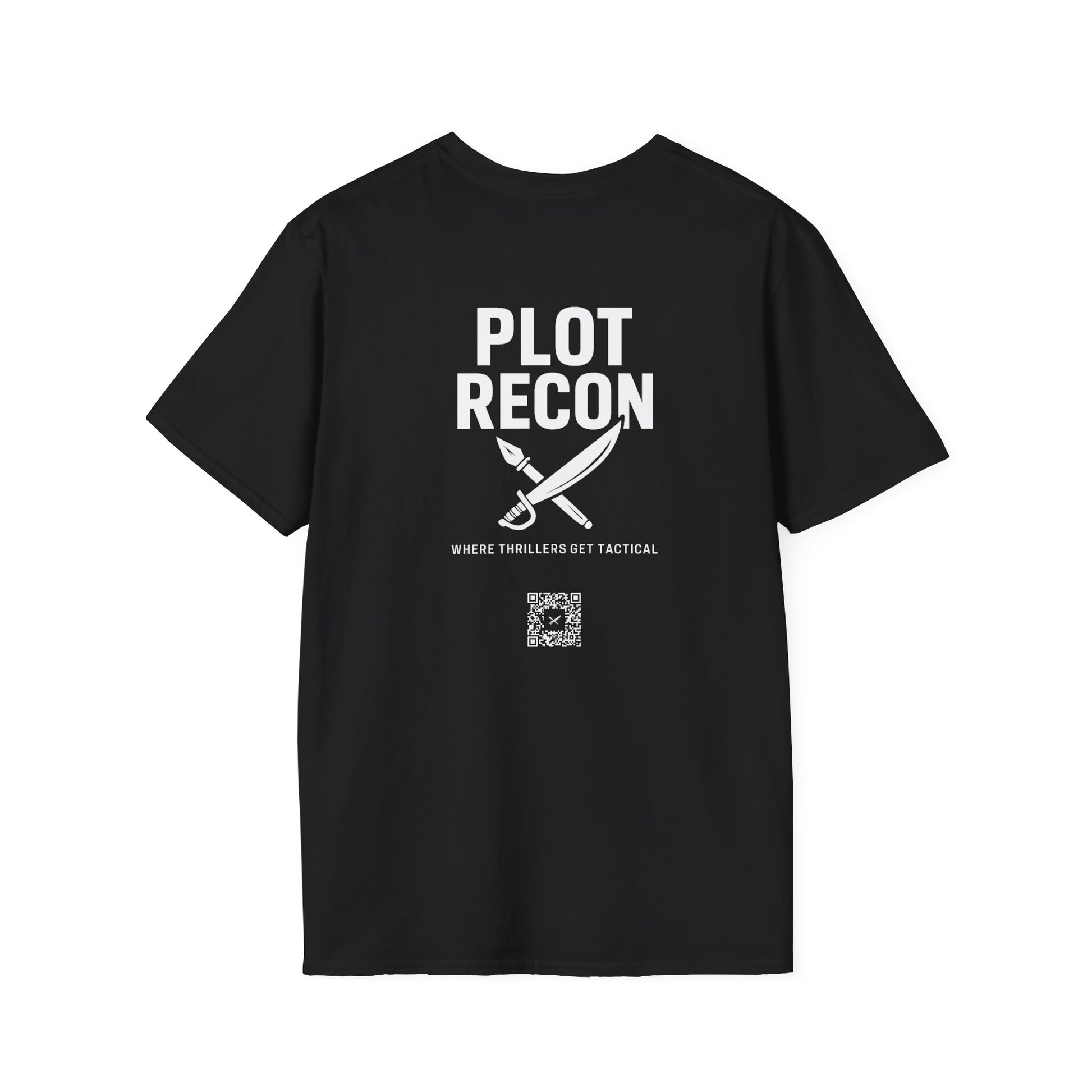 Black t-shirt with 'PLOT RECON' text and graphic on a white background