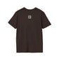 Brown t-shirt with a small QR code logo on the back against a white background
