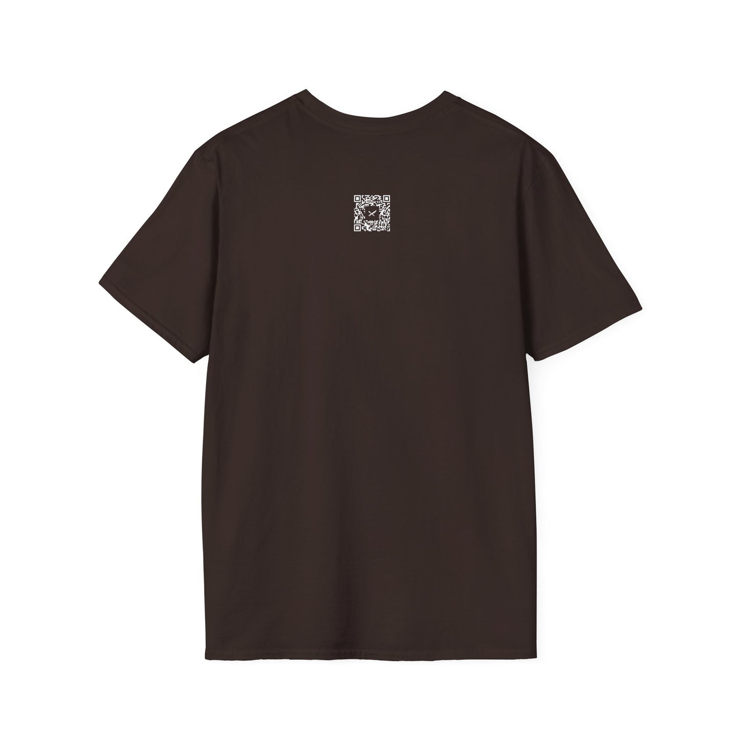 Brown t-shirt with a small QR code logo on the back against a white background