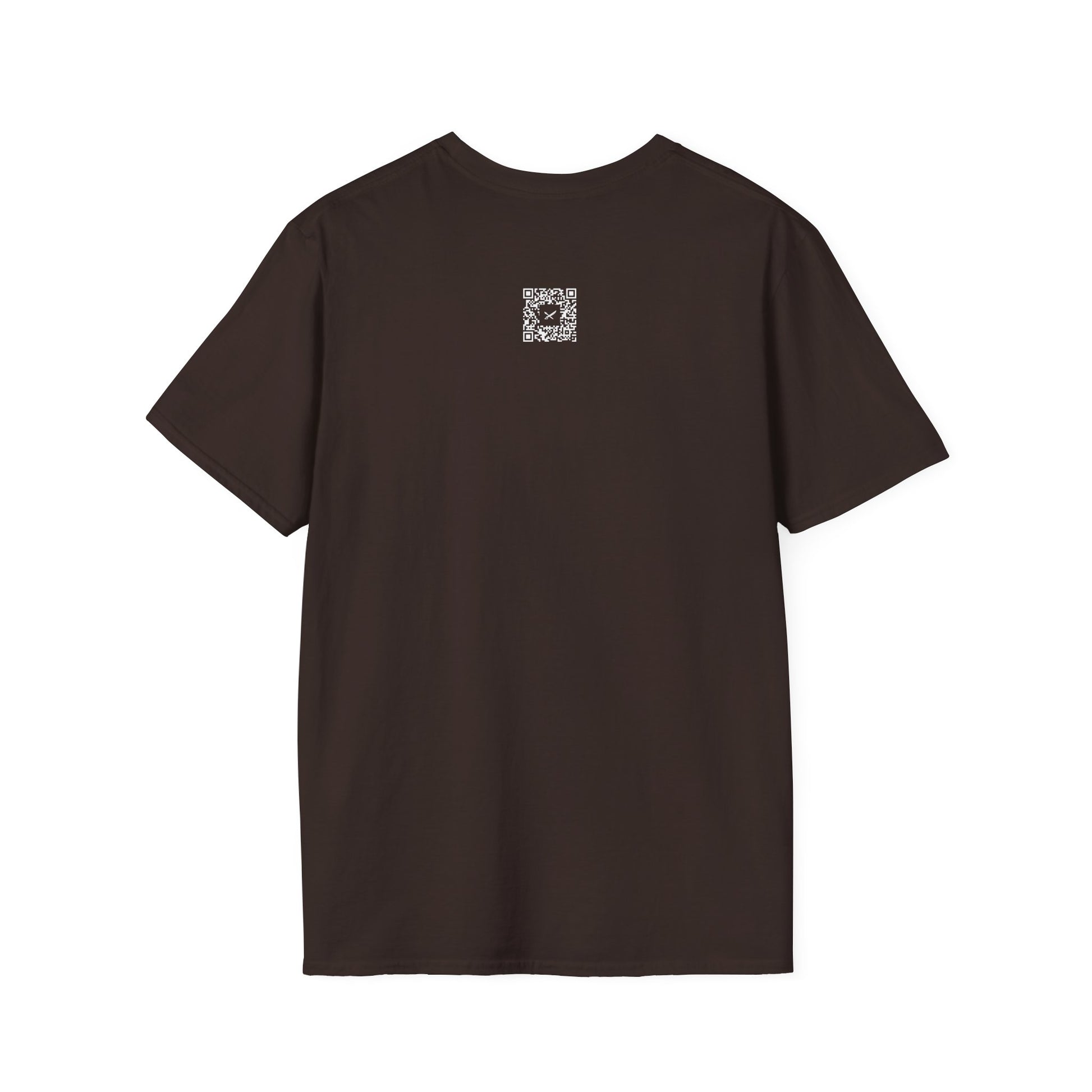 Brown t-shirt with a small QR code logo on the back against a white background