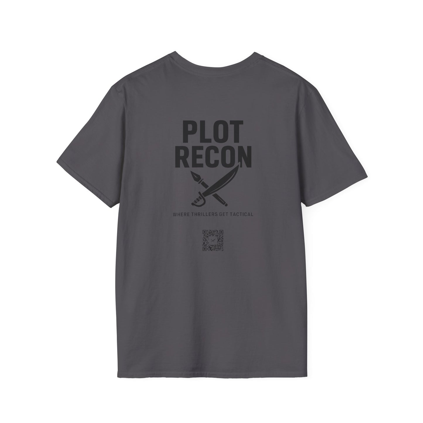 Gray t-shirt with 'PLOT RECON' text and graphic on the back, on a white background
