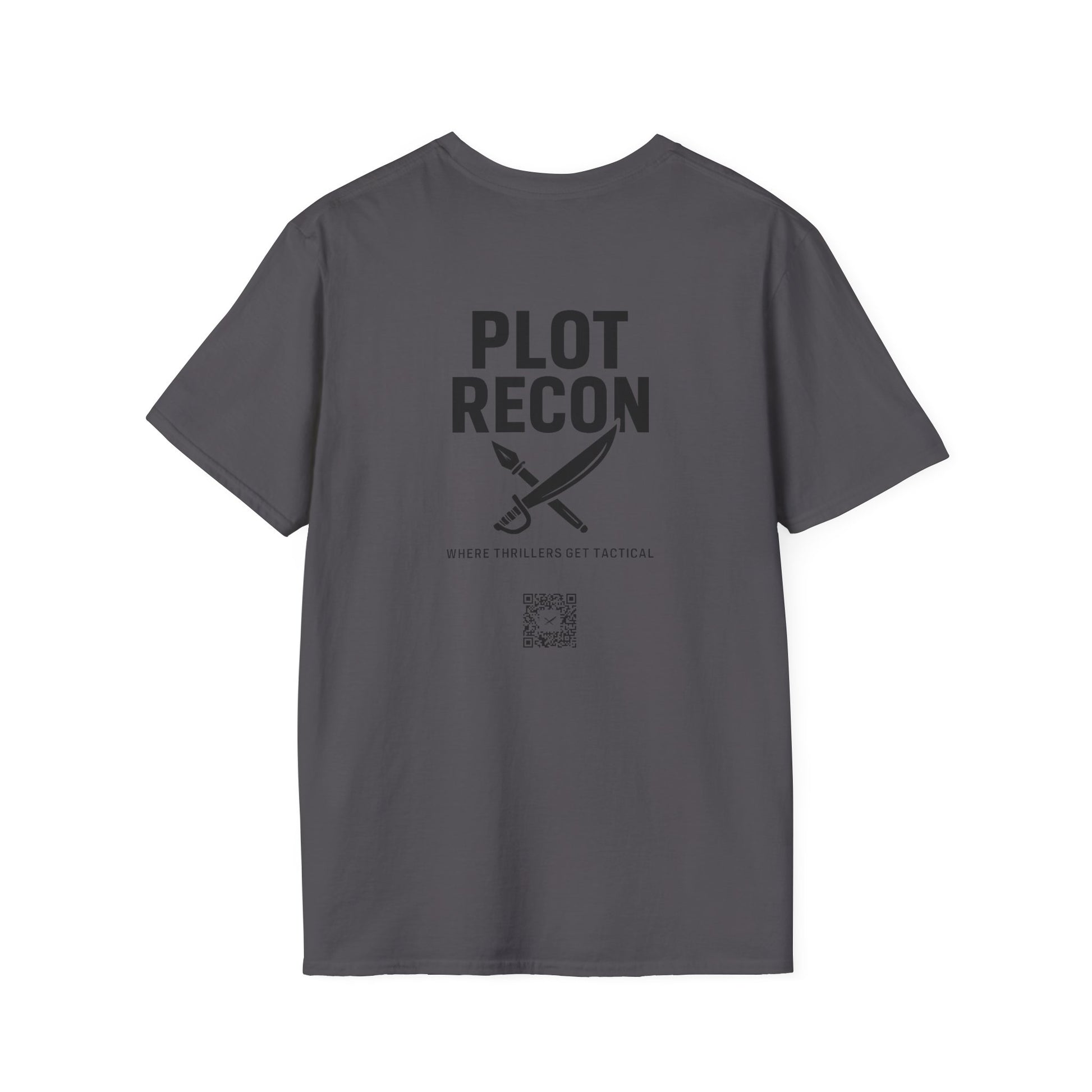 Gray t-shirt with 'PLOT RECON' text and graphic on the back, on a white background