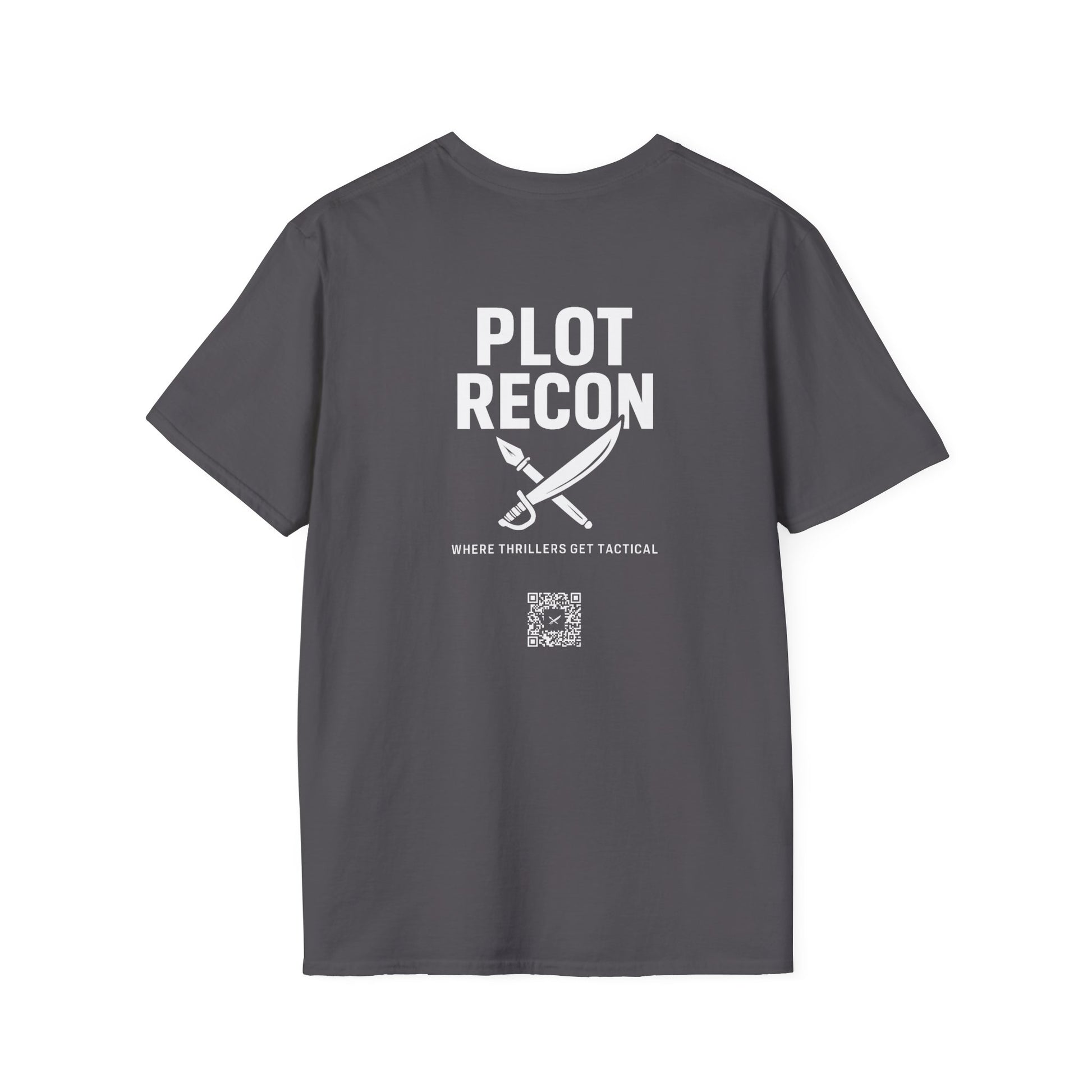 Gray t-shirt with 'PLOT RECON' text and graphic on a white background