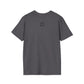 Gray t-shirt with a small QR code logo on the back against a white background