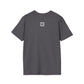 Gray t-shirt with a small QR code logo on the back against a white background