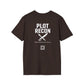 Brown t-shirt with 'PLOT RECON' text and graphic on a white background