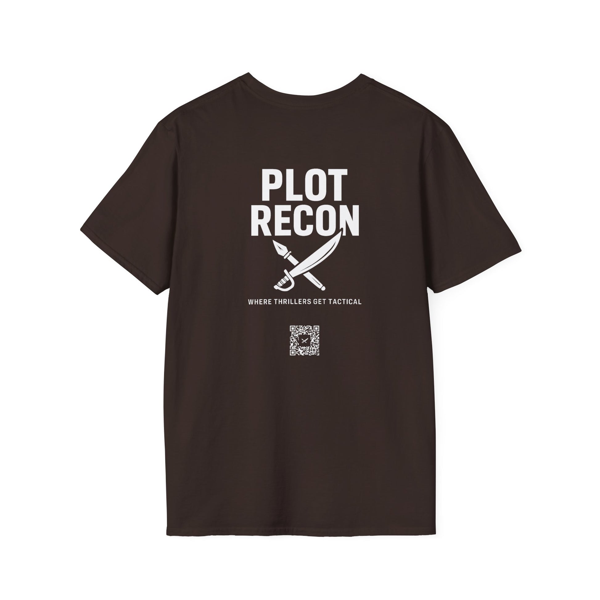 Brown t-shirt with 'PLOT RECON' text and graphic on a white background
