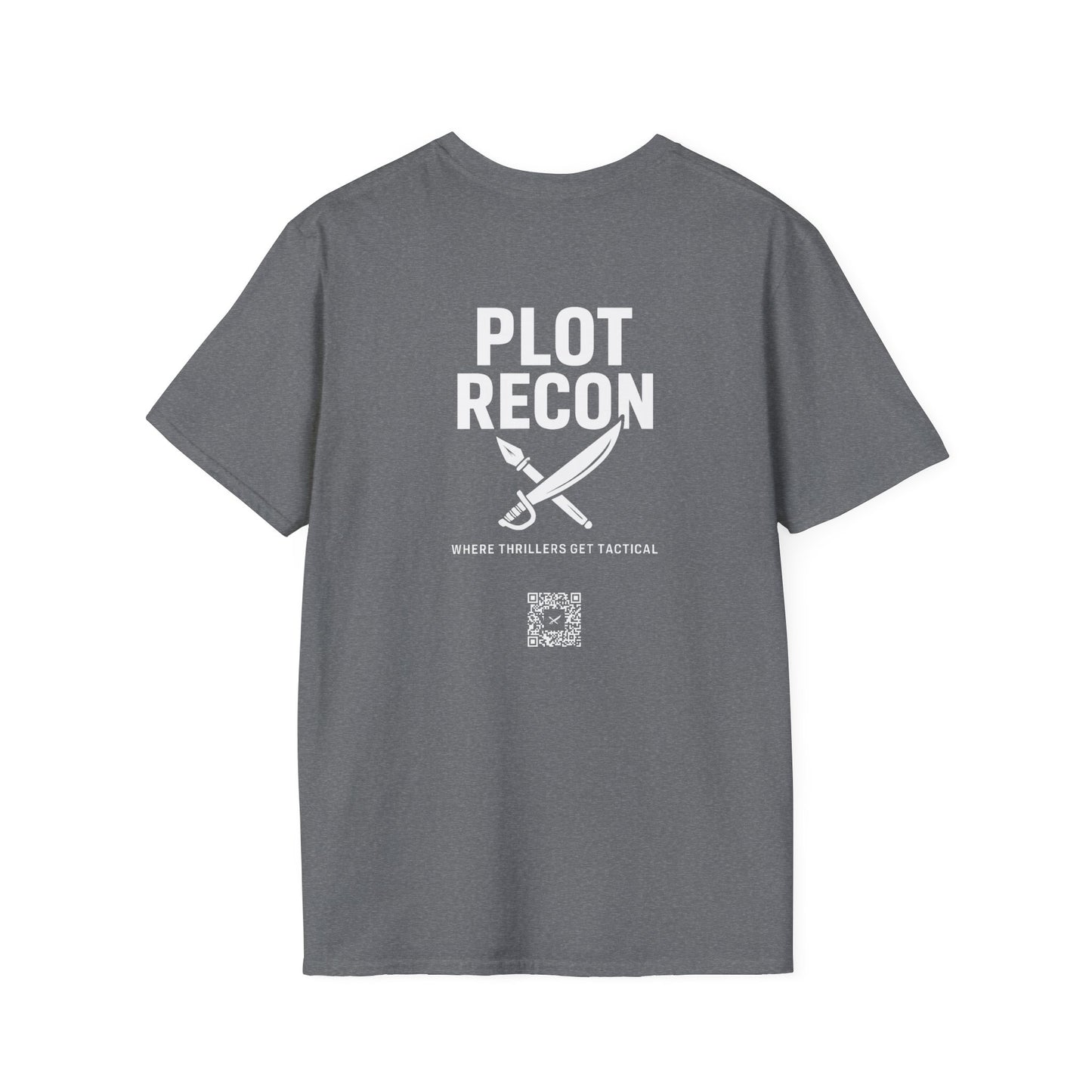 Gray t-shirt with 'PLOT RECON' text and graphic on the back, on a white background