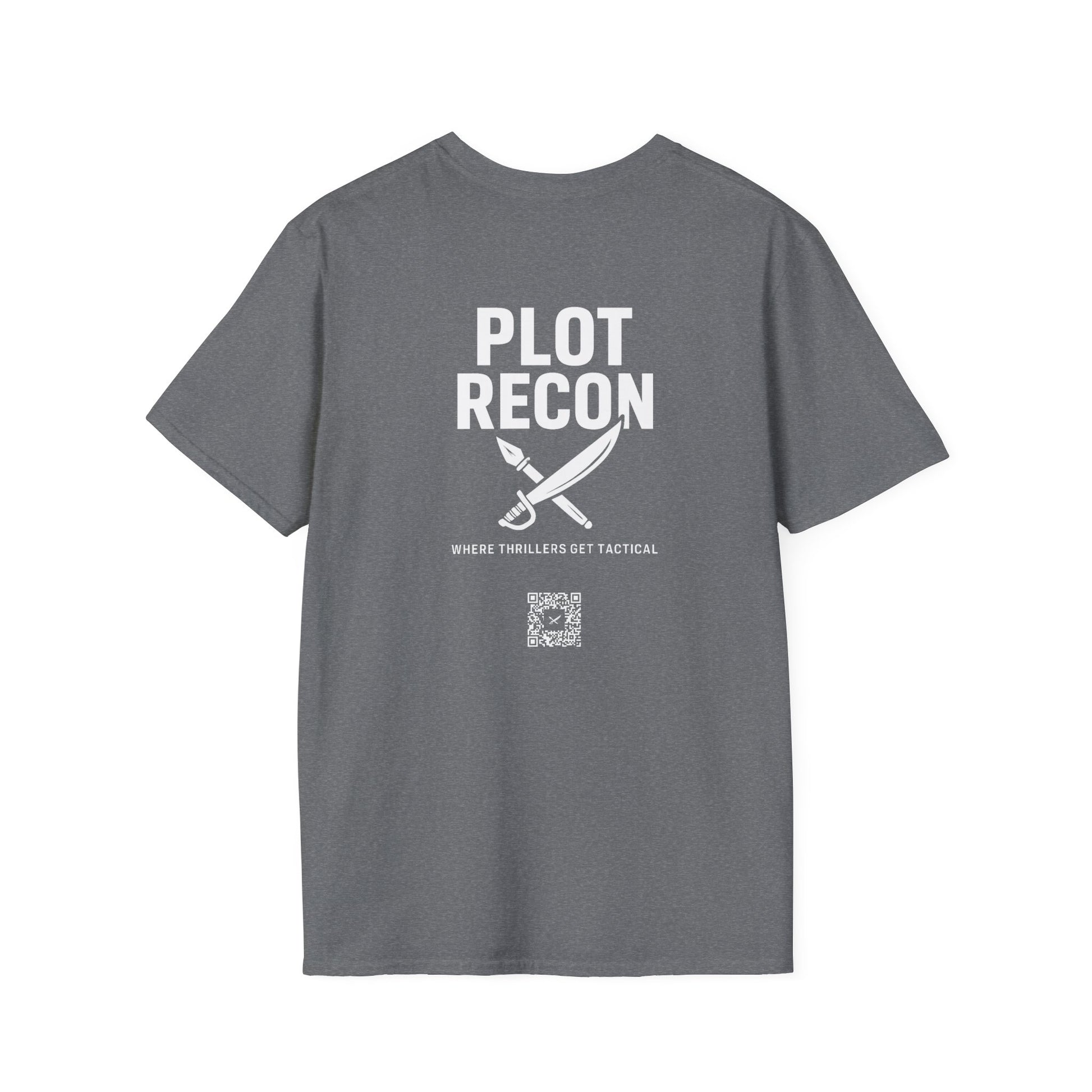 Gray t-shirt with 'PLOT RECON' text and graphic on the back, on a white background