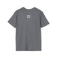 Gray t-shirt with a small QR code logo on the back against a white background