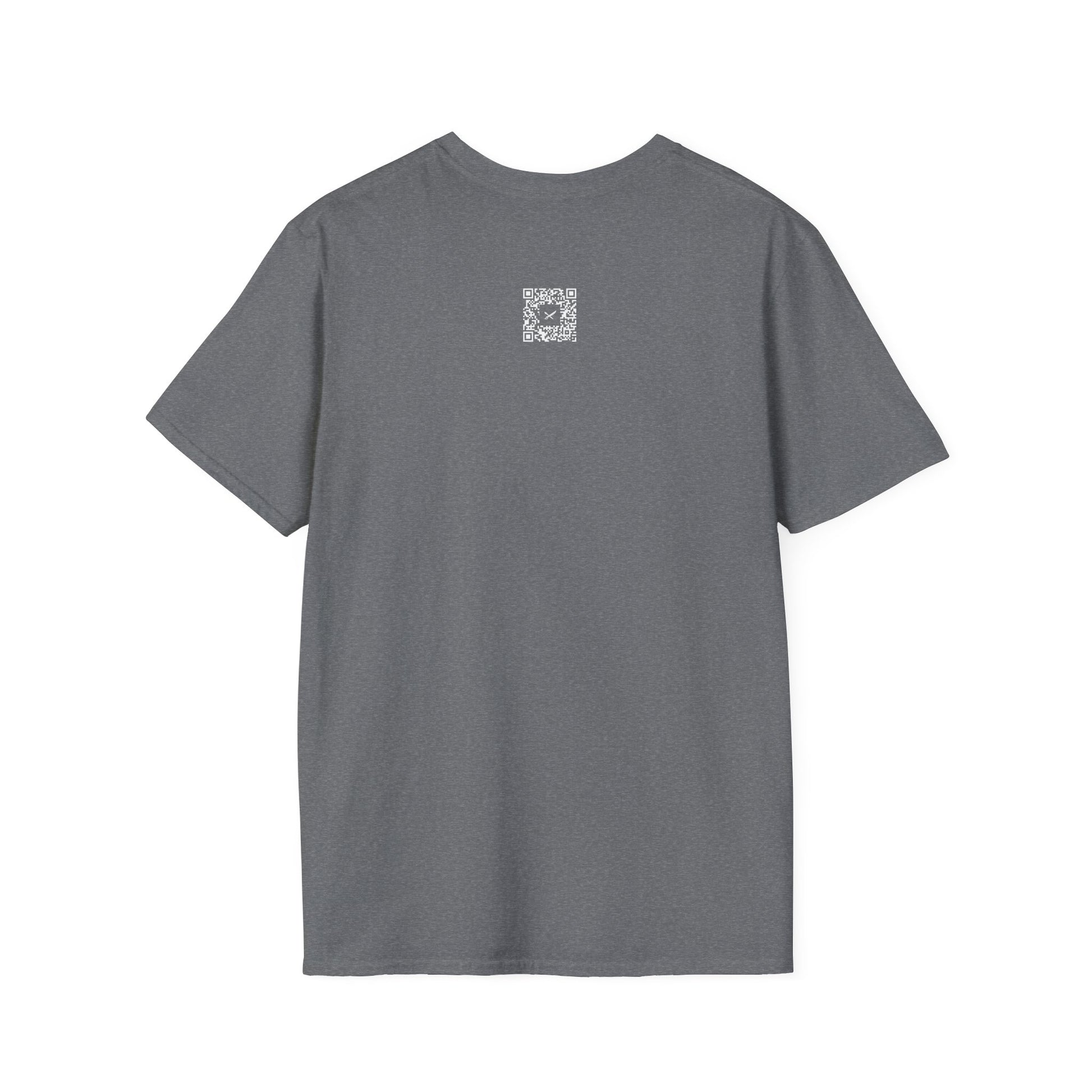 Gray t-shirt with a small QR code logo on the back against a white background
