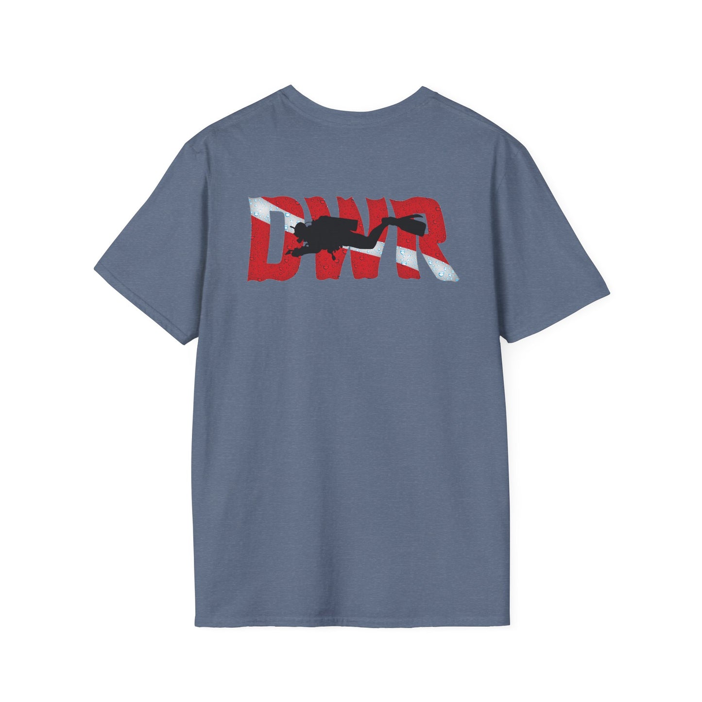 Blue t-shirt with a diver graphic and 'DWR' text on a white background