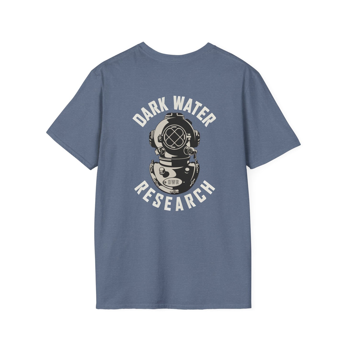 Blue t-shirt with 'Dark Water Research' graphic on a white background