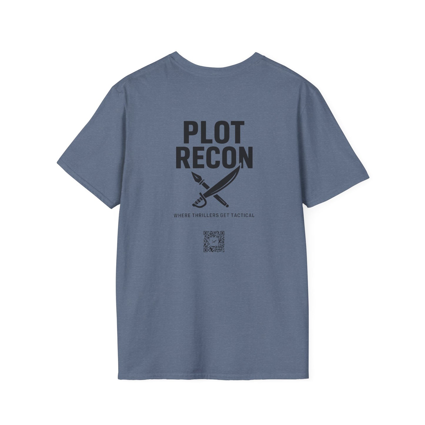 Blue t-shirt with 'Plot Recon' text and logo on a white background