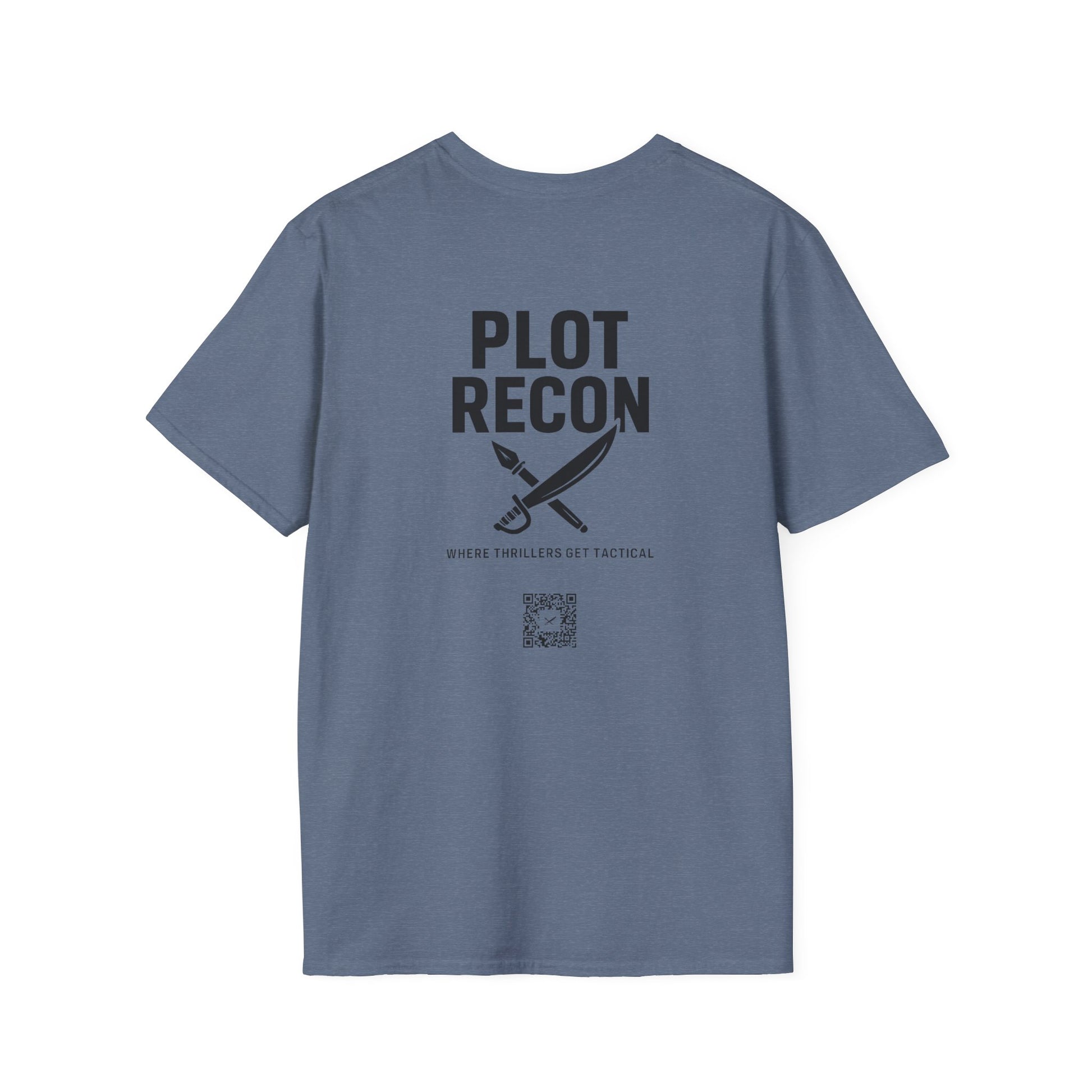 Blue t-shirt with 'Plot Recon' text and logo on a white background