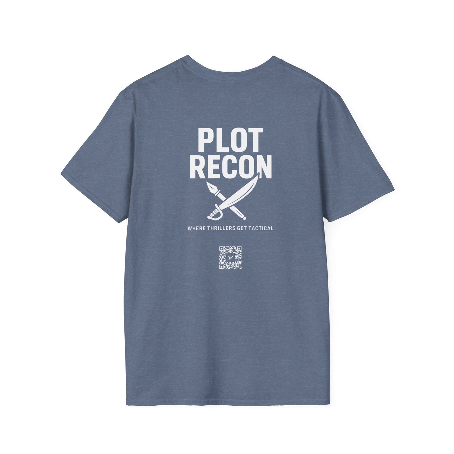 Blue t-shirt with 'Plot Recon' text and graphic on a white background