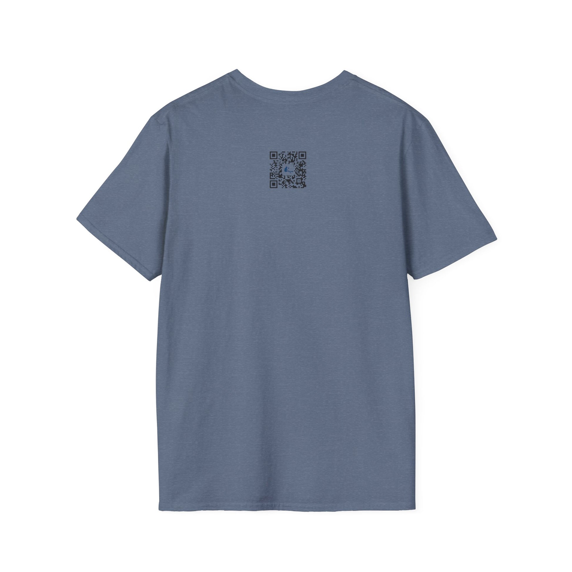 Blue t-shirt with a QR code on the back against a white background