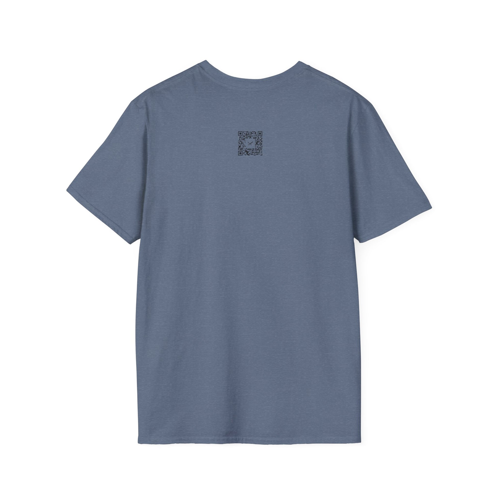 Blue t-shirt with a small QR code logo on the back against a white background