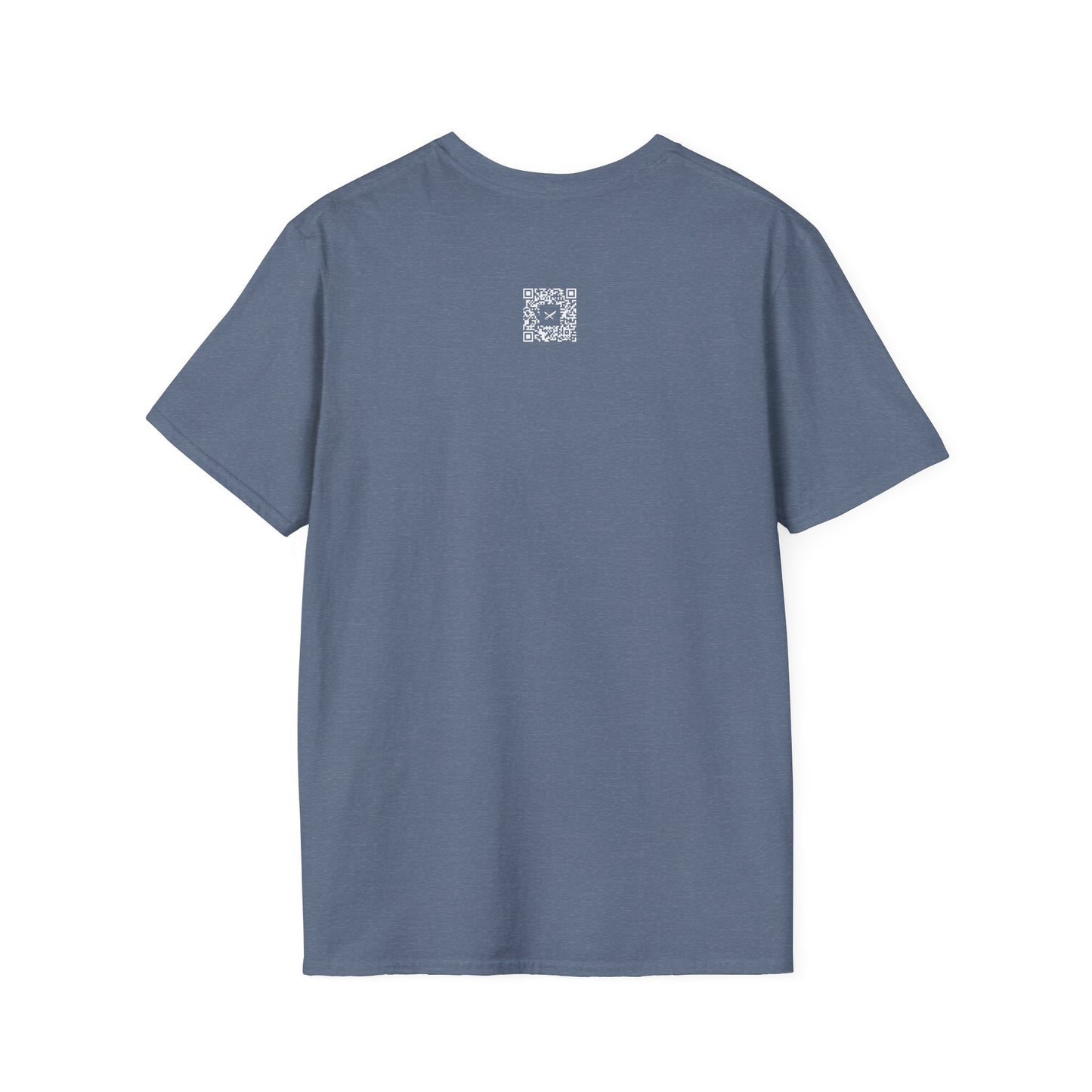 Blue t-shirt with a QR code on the back against a white background