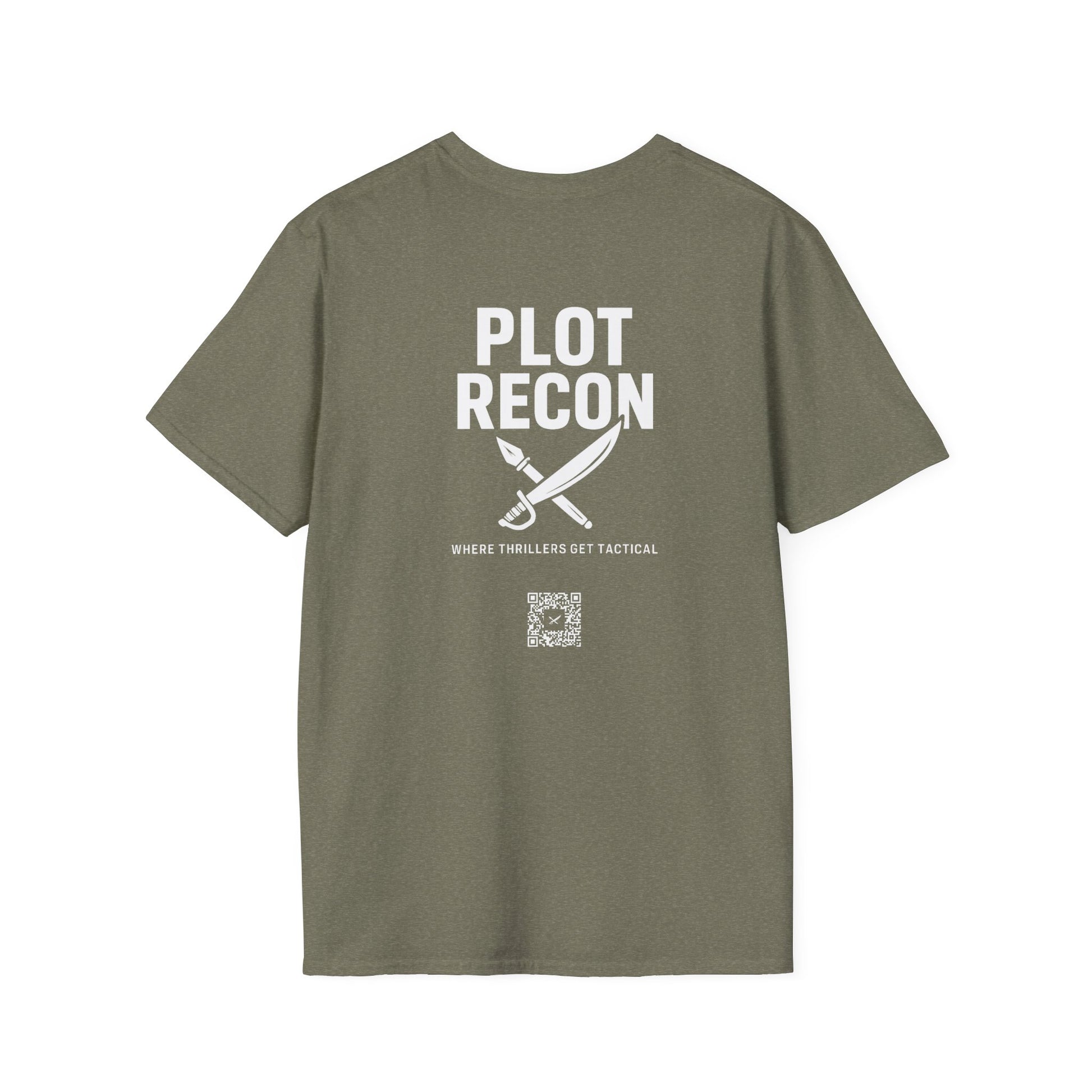 Green t-shirt with 'PLOT RECON' text and logo on a white background