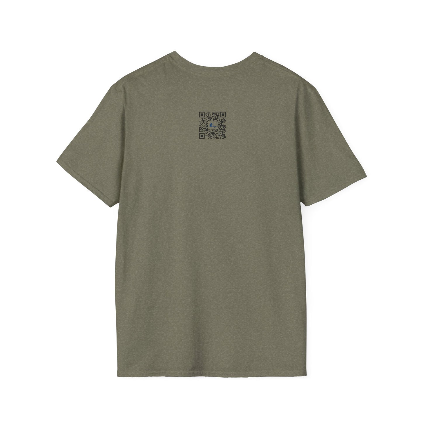 Green t-shirt with a small logo on the back against a white background