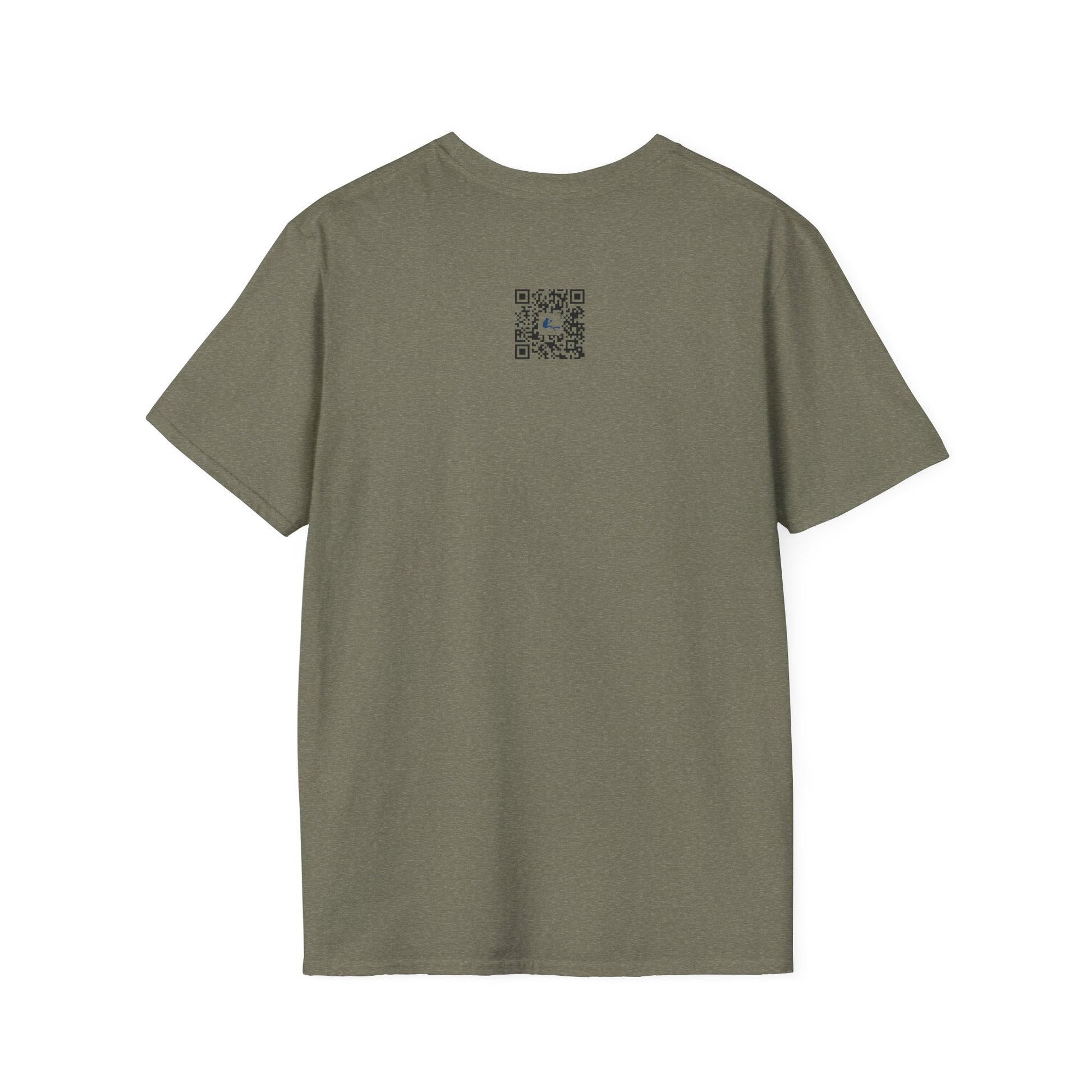 Green t-shirt with a small logo on the back against a white background
