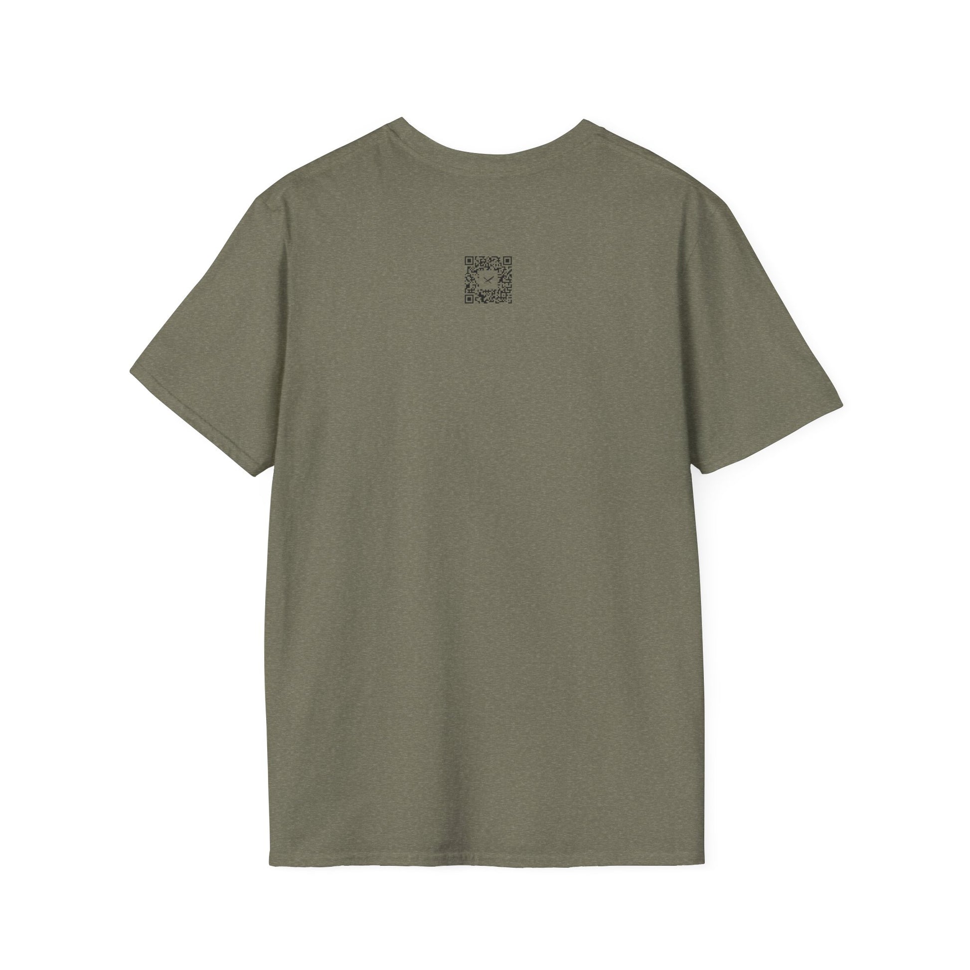 Green t-shirt with a small QR code logo on the back against a white background