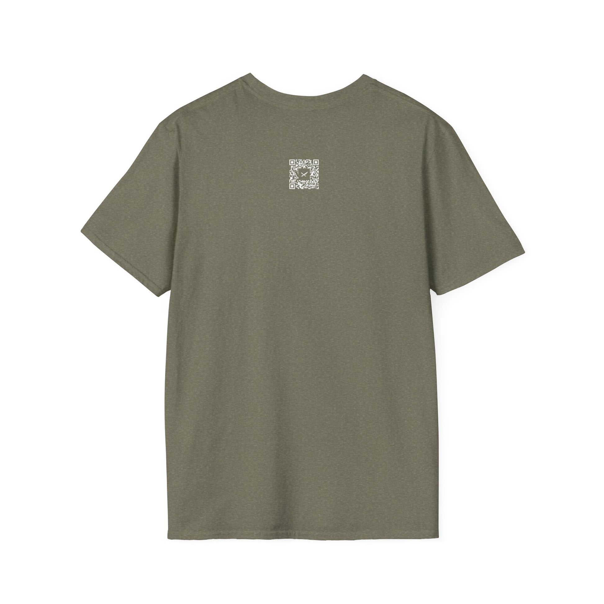 Green t-shirt with a small QR code logo on the back against a white background