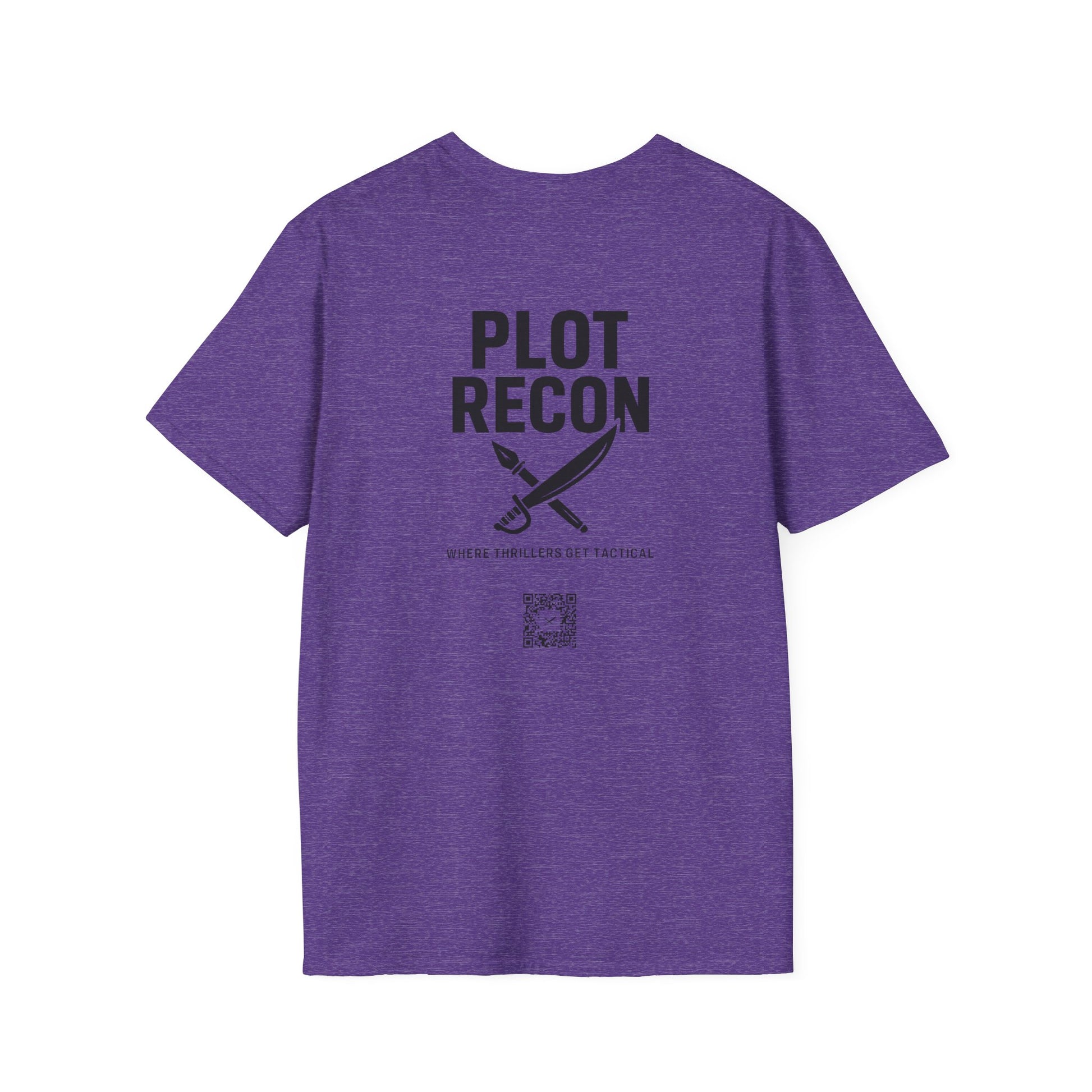 Purple t-shirt with 'PLOT RECON' text and logo on the back, on a white background