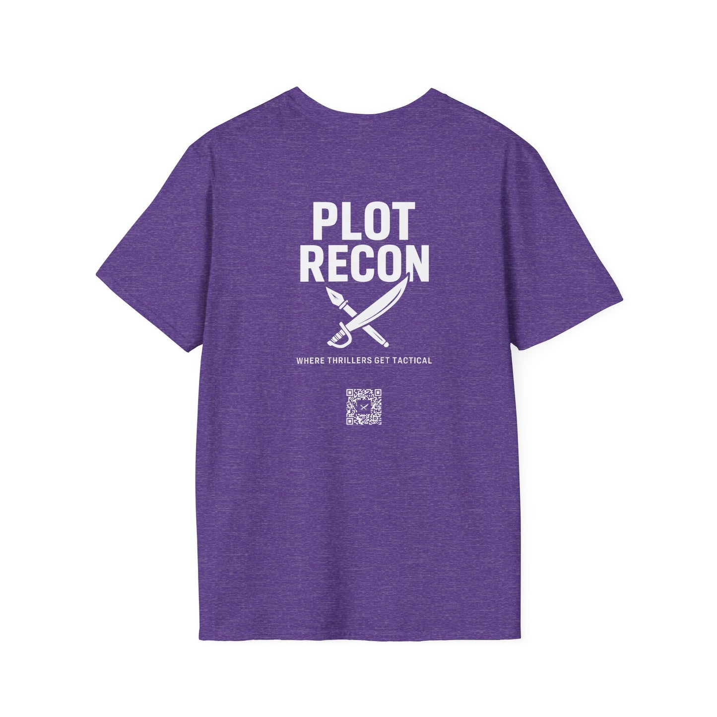 Purple t-shirt with 'PLOT RECON' text and logo on the back against a white background
