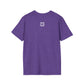 Purple t-shirt with a small QR code logo on the back against a white background