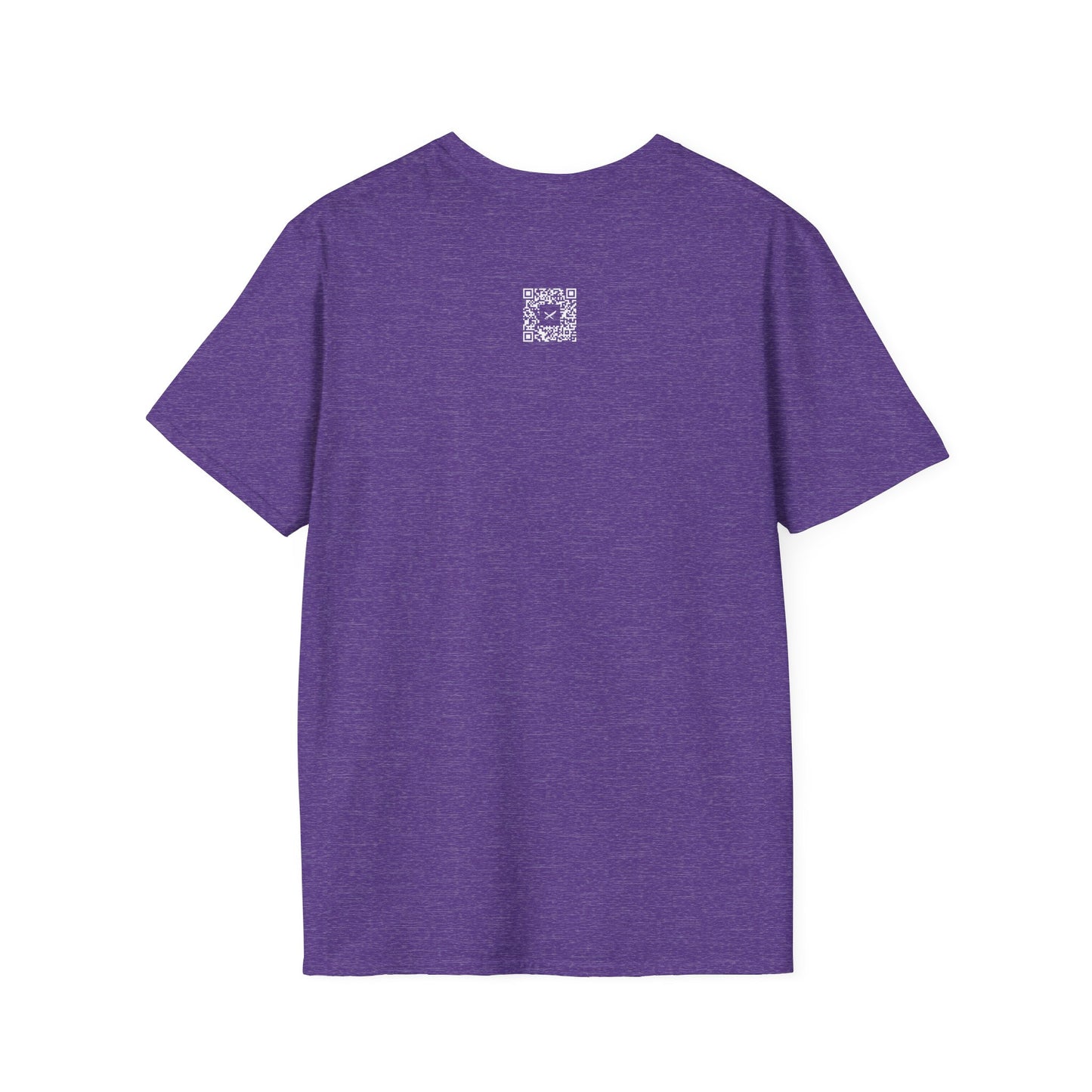 Purple t-shirt with a small QR code logo on the back against a white background