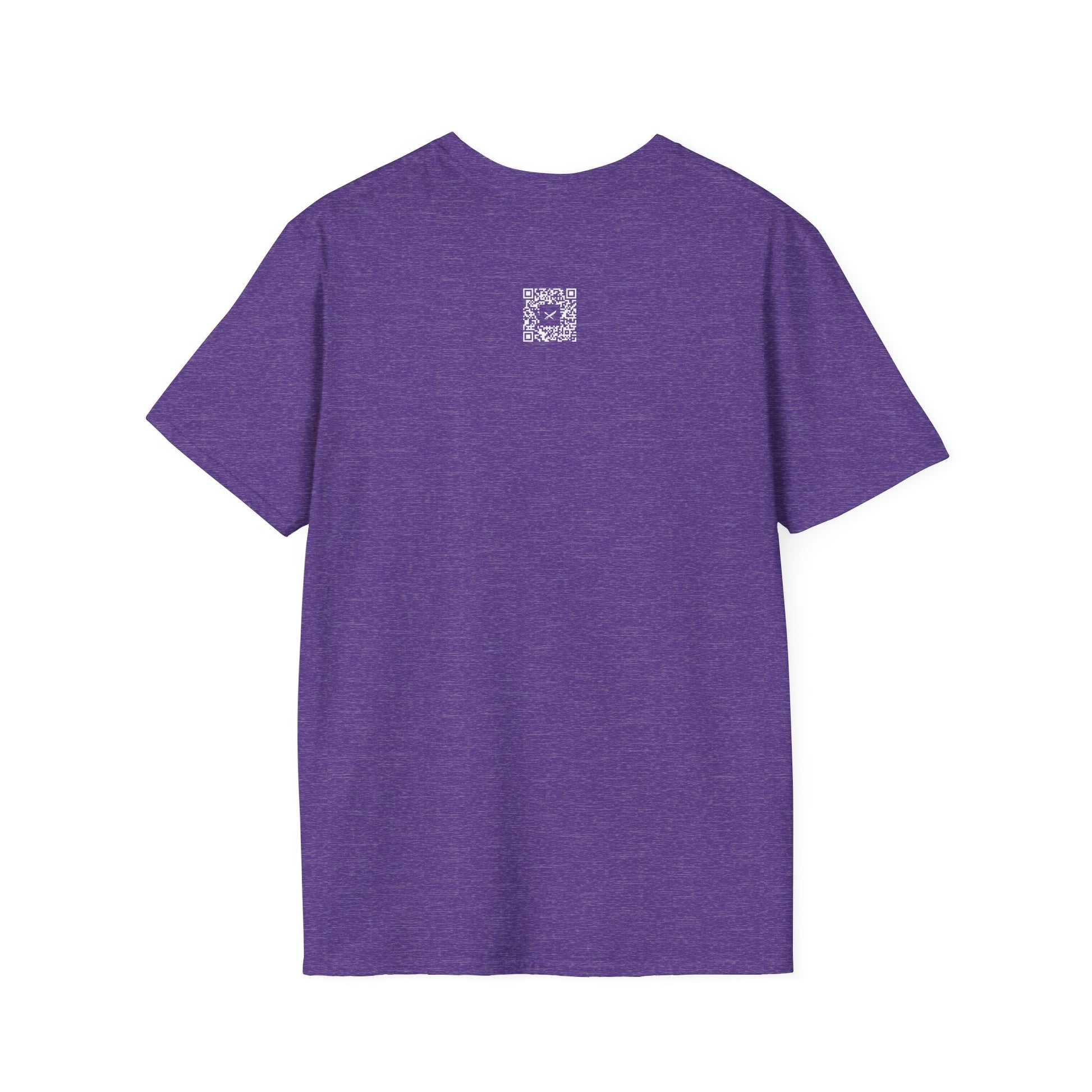 Purple t-shirt with a small QR code logo on the back against a white background