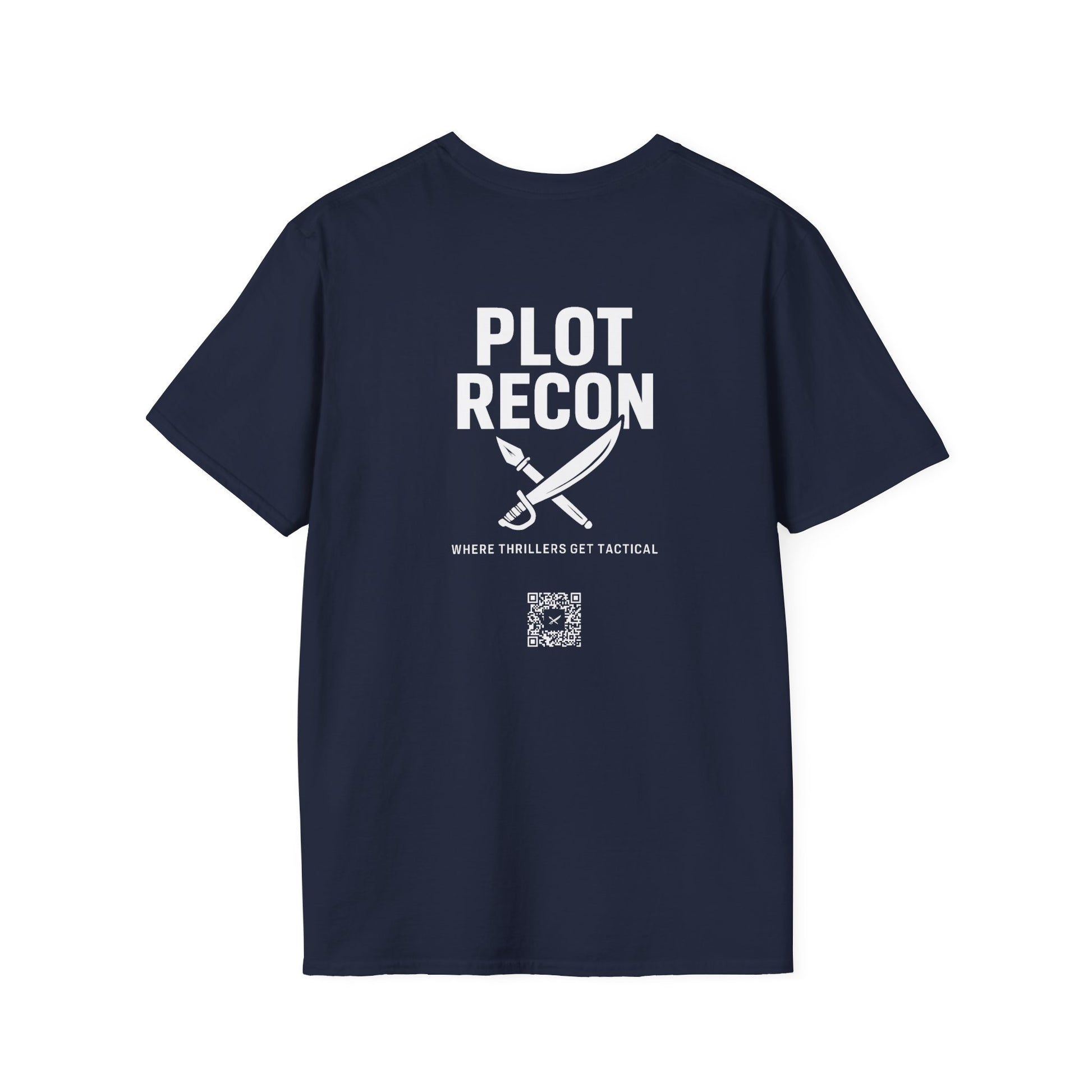Navy blue t-shirt with white text and graphic on a white background