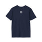 Navy blue t-shirt with a small white QR code logo on the back against a white background