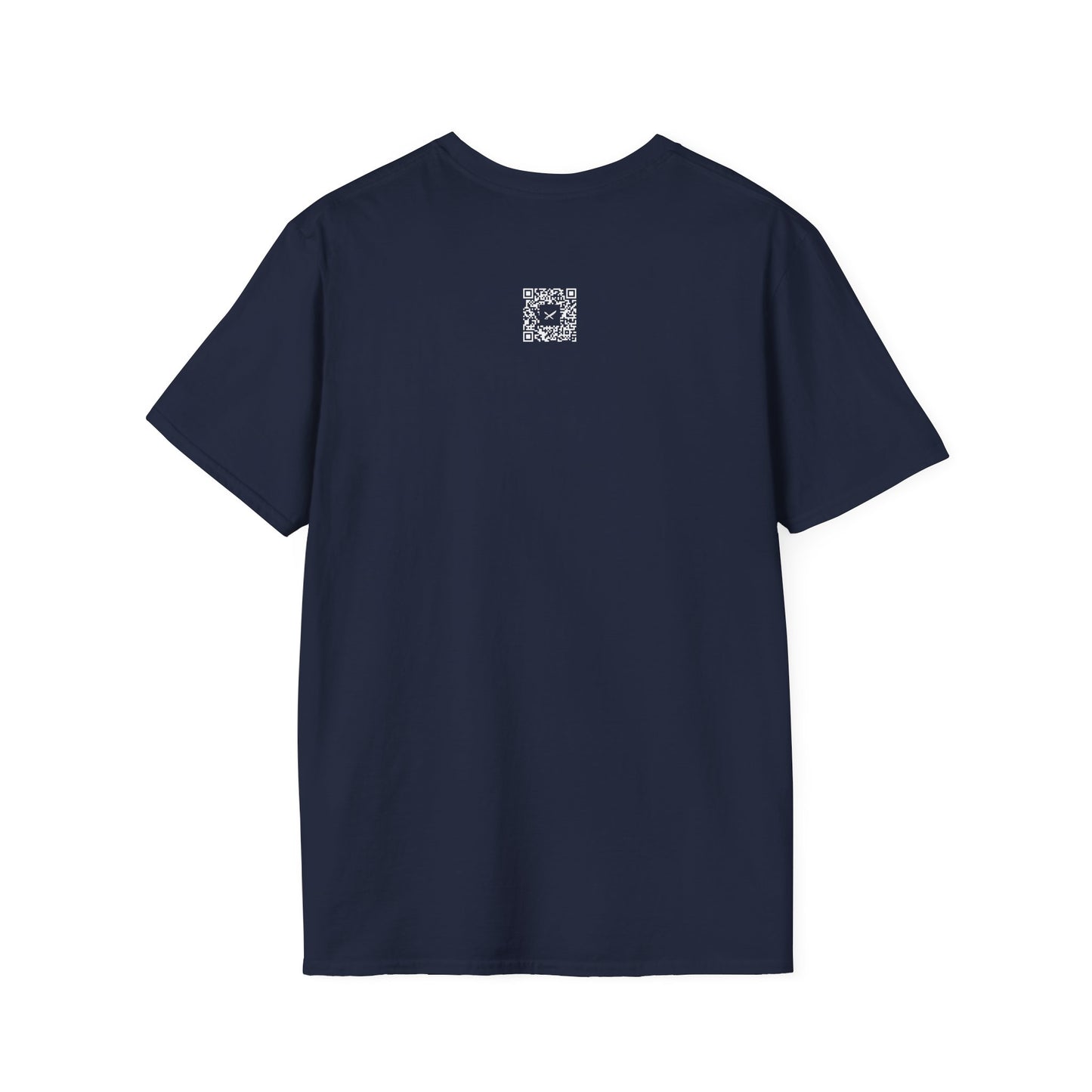 Navy blue t-shirt with a small white QR code logo on the back against a white background