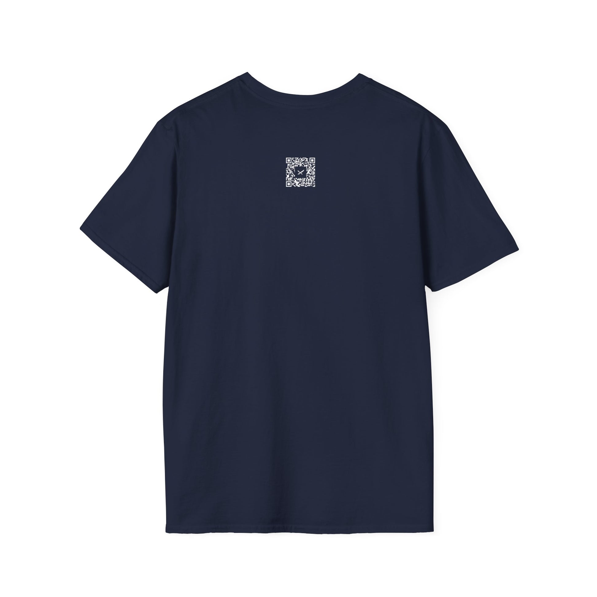 Navy blue t-shirt with a small white QR code logo on the back against a white background
