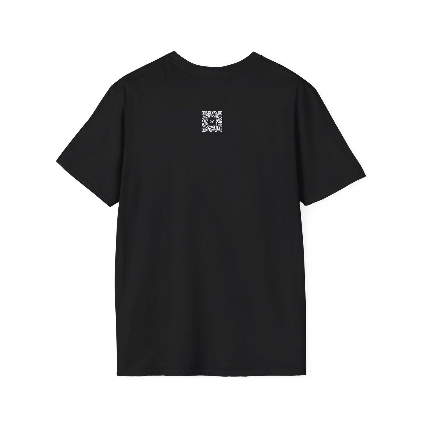 Black t-shirt with a small white QR code logo on the chest against a white background