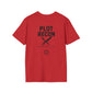 Red t-shirt with 'PLOT RECON' text and a sword graphic on the back, on a white background.