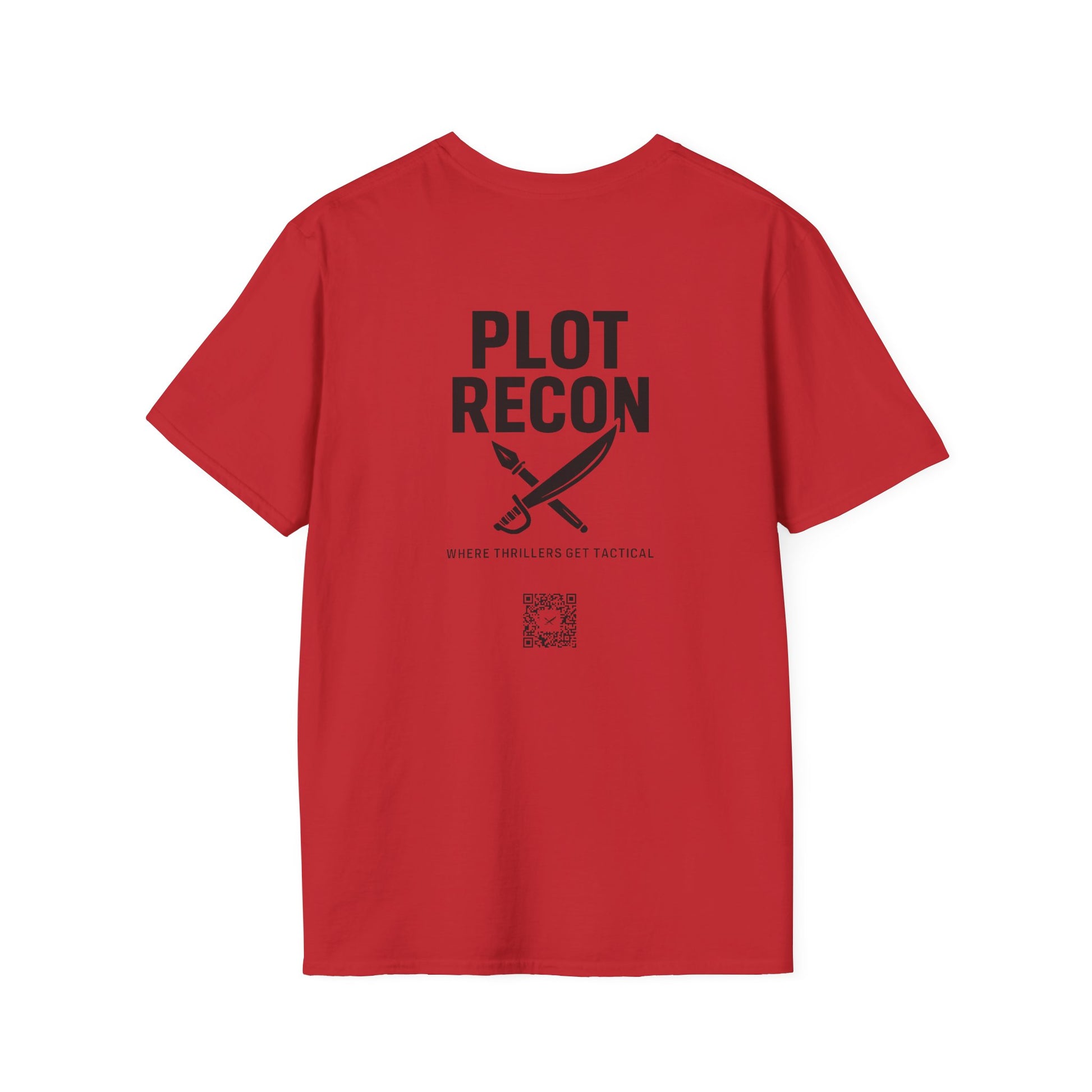 Red t-shirt with 'PLOT RECON' text and a sword graphic on the back, on a white background.